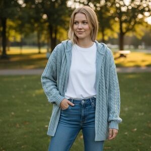 Autumn Cashmere Blue Cable Knit Hooded Cardigan 100% Cashmere Large